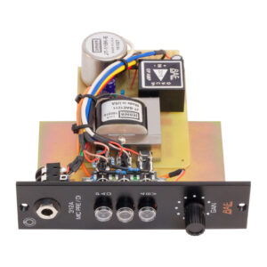 BAE 312A black modular preamp, API 500 series compatible, with gain knob, 3 switches, wires, and input/output jacks.