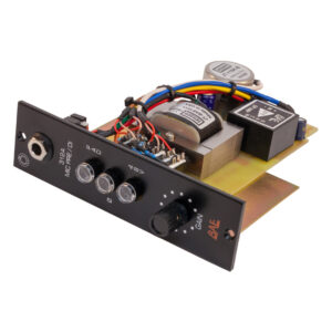 BAE 312A API 500 series preamp: black panel, 3 knobs, input jack, switches, indicator lights, compact module.