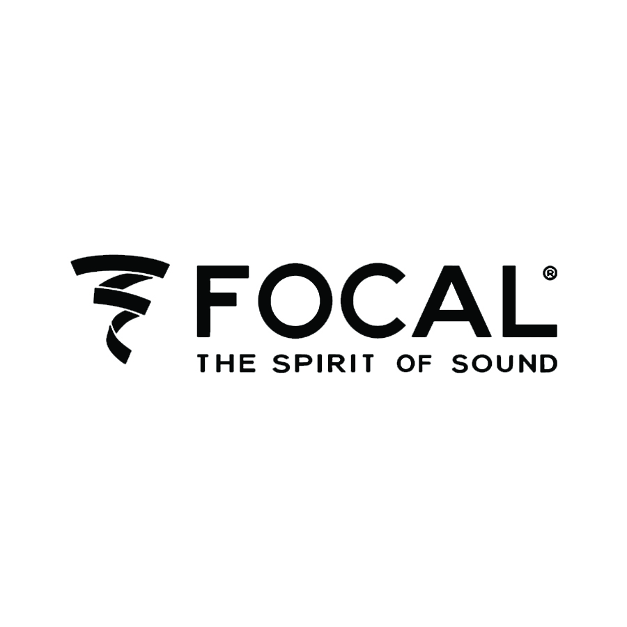 Focal logo with a sleek stylized F and bold black FOCAL THE SPIRIT OF SOUND text on white — ideal for shop displays.