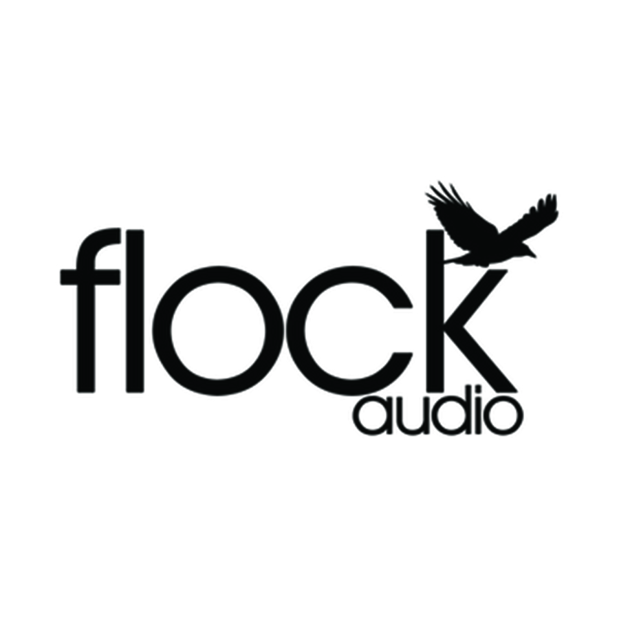 Flock Audio logo: lowercase black letters, bird silhouette on k, set on a white background—ideal for browsing products.