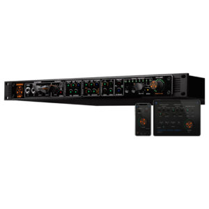 Dangerous Music Producers Pack black rackmount audio interface features control knobs, LEDs, dual displays, and app control.