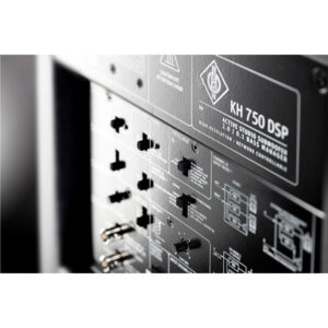 Neumann KH 750 DSP subwoofer rear panel: black finish with labeled XLR inputs/outputs, control knobs, and function switches.