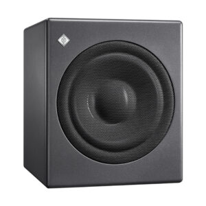 Neumann KH 750 black cube studio subwoofer features a rounded mesh front and discreet top-left logo branding.