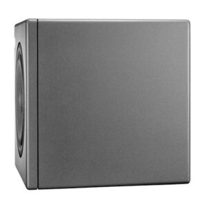 Minimalist black Neumann KH 750 subwoofer, square design, mesh side panel, unbranded exterior; set against white background.