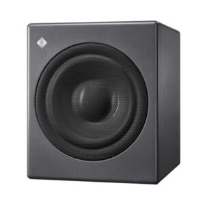 Neumann KH 750 black studio subwoofer features a compact cubic design, circular front grille, and upper-left logo.
