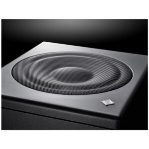 Neumann KH 750 black studio subwoofer features a textured circular grille and metallic logo, perfect for precise bass control.