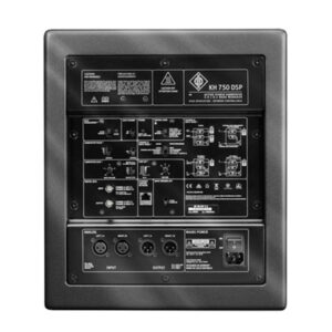 Neumann KH 750 active studio subwoofer rear panel with input/output ports, control knobs, switches, and technical labels.