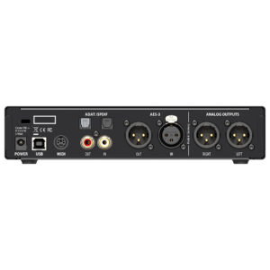The rear panel of the RME Digiface AES audio interface (sleek black desktop unit) offers power, USB, MIDI, ADAT/SPDIF, AES3 ports, dual XLR outputs (L/R), and multiple I/O jacks.