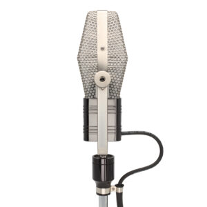 AEA R44CXE vintage-style silver microphone with hexagonal grille on stand, black cable, against white background.
