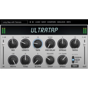 The Eventide UltraTap plugin interface offers mix, length, taps, pre-delay, spread, tone, chop controls and tempo sync.