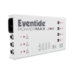 Eventide PowerMax (rev2) white pedal power supply with labeled DC outputs, voltage LEDs, and side input socket.