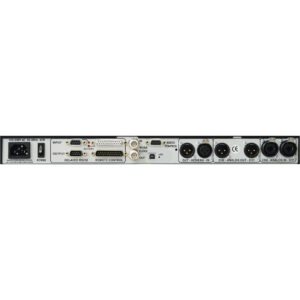 The Eventide BD600E+ rackmount broadcast delay features rear power, AES/EBU, XLR outs, D-sub, and remote ports.