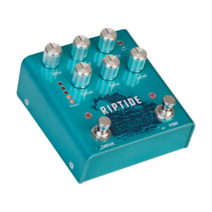 The Eventide Riptide is a teal guitar pedal with six silver knobs, Drive and Vibe footswitches, and red preset LEDs.