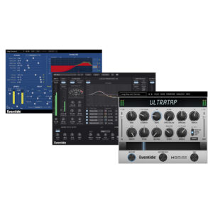 Eventide Ultra Essentials Bundle plug-ins—reverb, EQ, compression controls shown in sleek black and blue virtual interfaces.