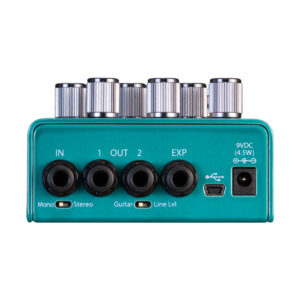 Eventide Riptide pedal in teal with black labels; features 4 I/O jacks, 9V DC input, mini USB, and six top silver knobs.