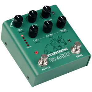 Eventide Tricerachorus pedal in green features six black knobs, dual footswitches, and a triceratops graphic for creative guitar effects.