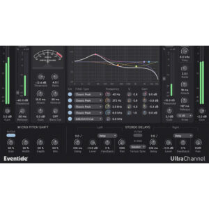 Eventide Ultra Essentials Bundle Plug-in: Sleek interface with EQ curve, frequency controls, gain meters, delay and pitch dials.