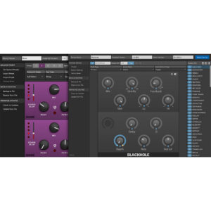 Eventide Riptide pink-panel delay/filter plugin left, Eventide Blackhole reverb plugin right; both desktop with clear control knobs.