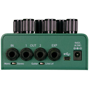 Eventide Tricerachorus green pedal offers mono/stereo I/O, line/guitar levels, USB, 9V DC input, and four black modulation knobs.