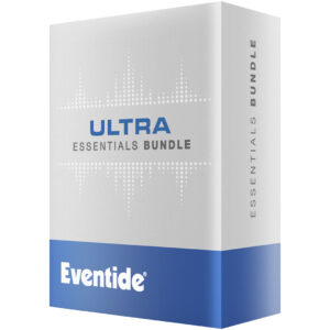 Eventide Ultra Essentials Bundle plug-in box, 3D-rendered, blue-gray with dotted waveform graphic and Eventide branding on front/side.