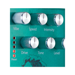 Eventide Riptide green guitar pedal with six silver knobs—Vibe, Speed, Intensity, Drive, Tone, Level—and four red preset LEDs.