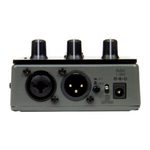 Eventide MixingLink interface rear panel: three knobs, XLR/TRS combo input, XLR out, ground lift, phantom power, 9VDC.