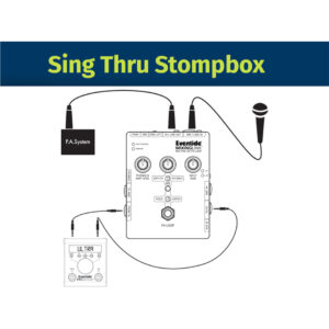 Microphone, Eventide MixingLink preamp, and effects pedals connected via cables to PA, labeled Sing Thru Stompbox setup.
