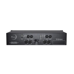 Prism Sound Titan audio interface rear panel features XLR I/O, power switch, and control knobs; sleek black rackmount design.