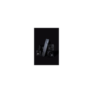 Prism Sound Titan: Sleek black home theater speaker system with four compact satellites and central tower subwoofer.