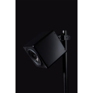 Black, cube-shaped speaker on vertical stand, circular grille front; studio-inspired design echoes Prism Sound Titan’s precision.