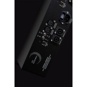 Prism Sound Titan audio interface rear panel with XLR, USB, and power ports; black rackmount design with clear specs.