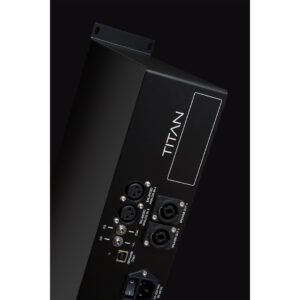 Prism Sound Titan rackmount audio interface angled close-up shows XLR, USB, and power ports on a black background.