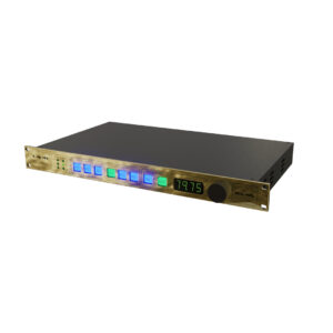 Lavry QUINTESSENCE black and gold rackmount DAC features blue, green LEDs, digital display (79.75), on white background.