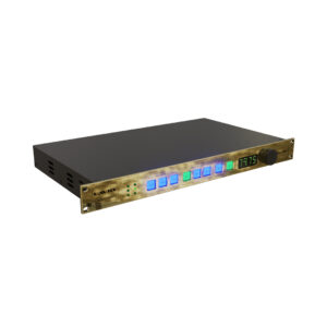 Lavry QUINTESSENCE DAC: gold rackmount unit with digital display, black knob, and illuminated buttons for pro studios.