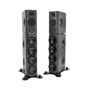 Kii THREE BXT System Fine Touch Dark Grey floor-standing speakers with multiple drivers, angular design, four-legged bases.