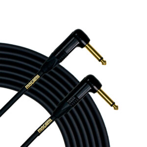 Mogami coiled black instrument cable with dual right-angle gold-plated 1/4 plugs, labeled Mogami, shown on white.