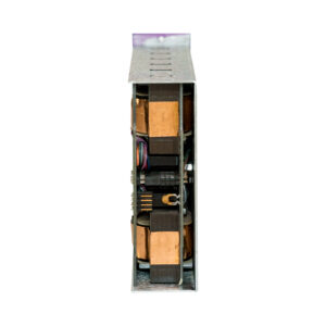 Purple Audio Moiyn module front view: rectangular rackmount unit with visible copper coils, wiring, and circuit elements.