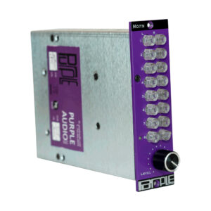 Purple Audio Moiyn module: silver and vibrant purple rackmount, clear row dials, I/O labels, large black bottom-right knob.