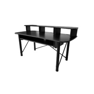RAB Audio MK 61 A & B black computer desk with raised monitor shelf, 3 open compartments, and sturdy legs for home or office.