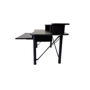 RAB Audio MK 61 A & B black computer desk features a pull-out keyboard tray, elevated shelf, and sturdy cylindrical legs.