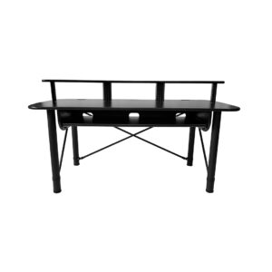 RAB Audio MK 61 A & B black office/studio desk with raised shelf, open-frame legs, and cable management holes.
