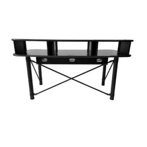 Black modern computer desk with upper shelves, cable holes, and cross-braced legs—ideal for RAB Audio MK 61 A & B.