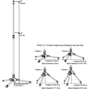 Triad-Orbit T2 tripod mic stand diagram shows black telescopic design, 36-61 (92-155cm) height; four base footprints detailed in inches/cm.