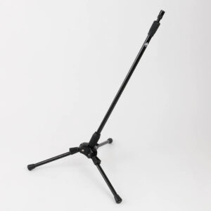 Triad-Orbit T2 black adjustable tripod mic stand, three-legged design, shown angled on a plain white background.