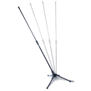 Triad-Orbit T2 black tripod stand shown at multiple angles, with overlays illustrating its adjustable tilt positions.