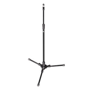 Triad-Orbit T2 adjustable black microphone stand features three folding legs and a vertical pole; shown on white background.
