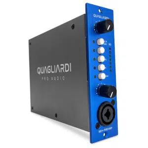 Quagliardi Pro Audio 501+ preamp features a blue rackmount front, black knobs, LED meters, and XLR/TRS combo input.
