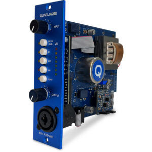 Quagliardi Pro Audio 501+ blue preamp module features input/output knobs, LED indicators, XLR port, and visible circuitry.