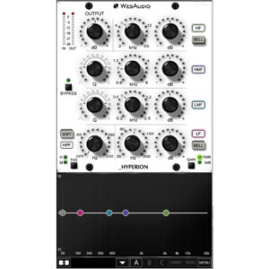 WesAudio HYPERION 500 Series EQ features digital controls, colored graph, and versatile filter/gain options in a sleek module.