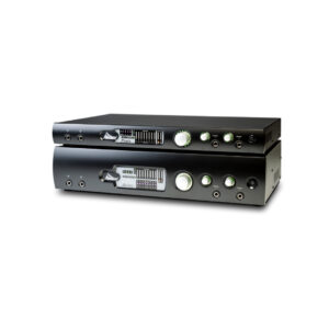 Two black Prism Sound MDIO-Dante rackmount audio interfaces stacked, each with knobs, LEDs, and various I/O ports.